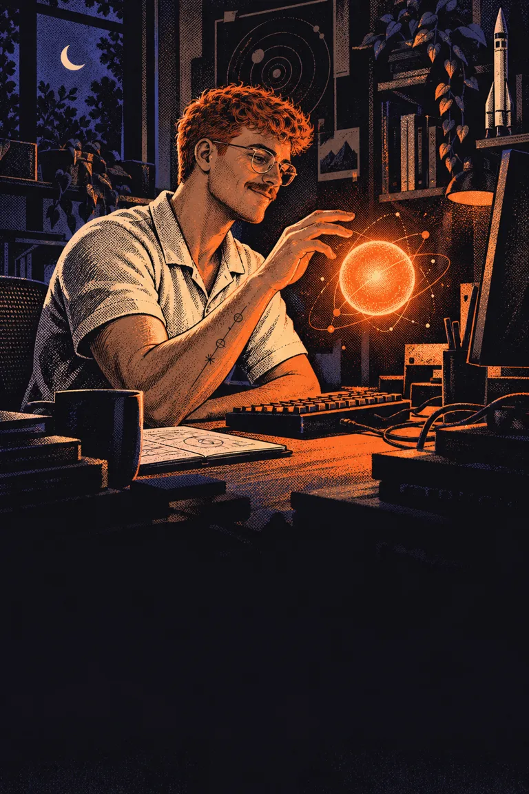 Comic illustration of Jake at his desk, reaching toward a glowing orange orb.