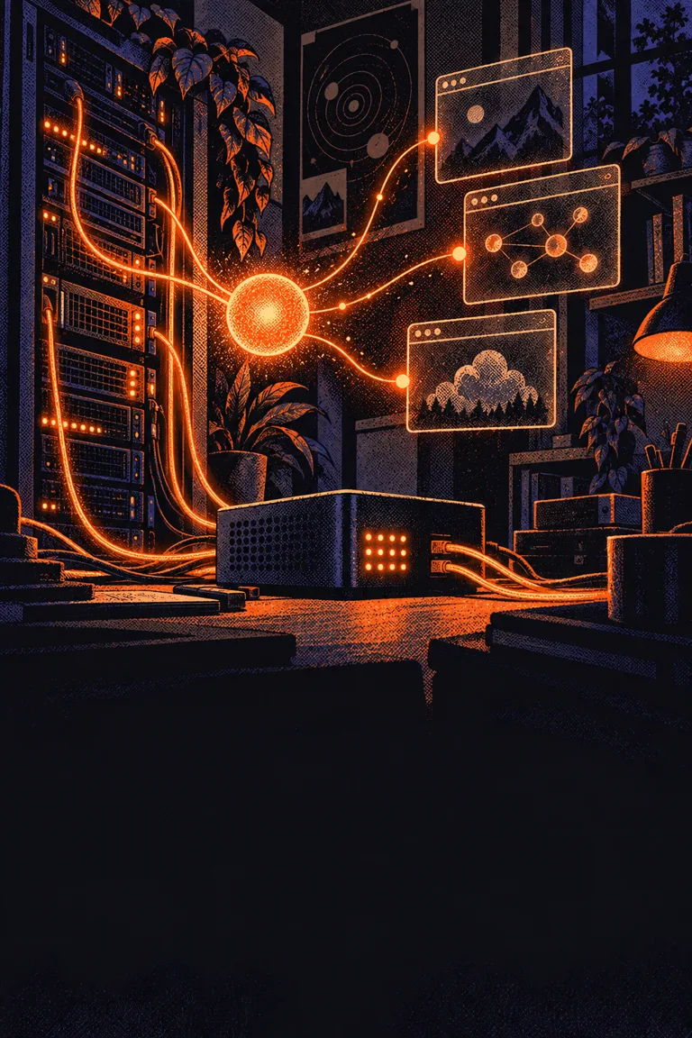Comic illustration of a miniature computer lab with glowing cables connecting a server to agent workflows.